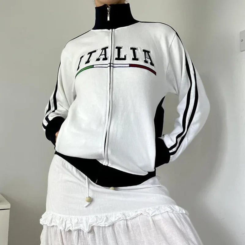 New Color Stripes Polo Collar Hoodie Zipper Coat