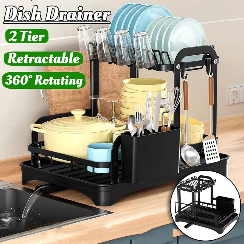 360° Rotating Storage Double-Layer Kitchen Drying Rack with Drain