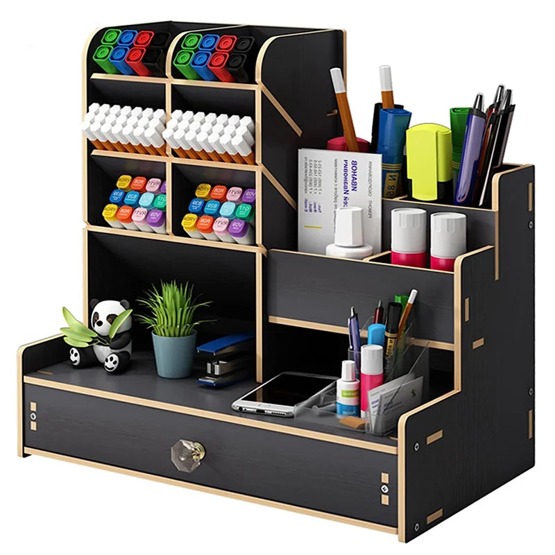 Wooden Desk Organizer Large Capacity Pen Holder and Stationery Storage Box