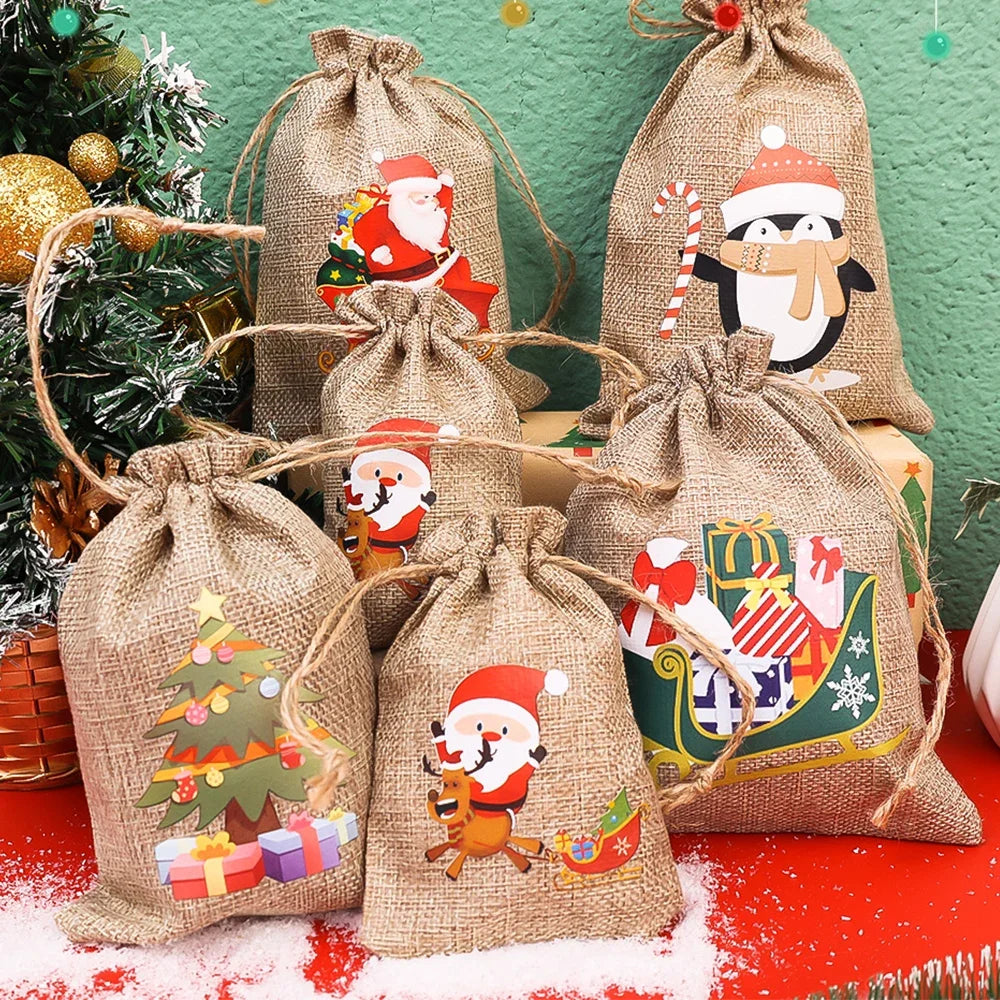 Christmas Linen Drawstring Bags