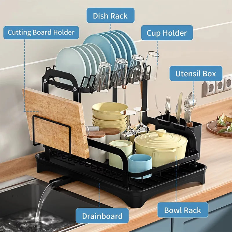 360° Rotating Storage Double-Layer Kitchen Drying Rack with Drain