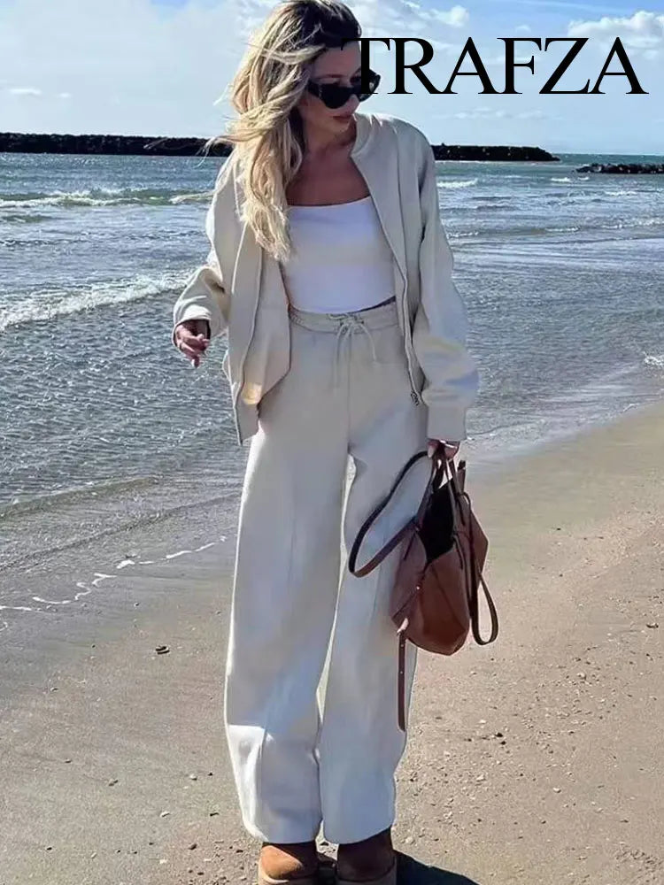 Women's 2-Piece Retro Solid Color Zipper Bomber Jacket