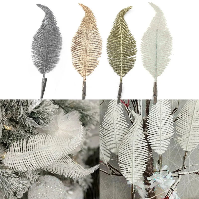 5pcs Glitter Feather Artificial Leaves Clip Xmas Tree Ornament Christmas Party Home Decoration Navidad New Year Wedding Flowers