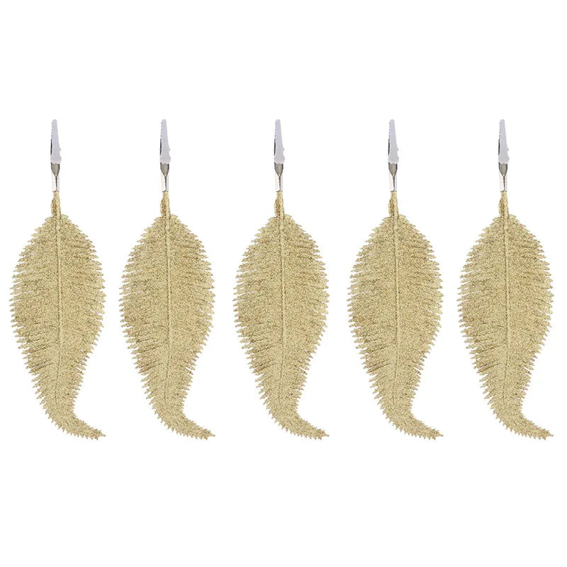 5pcs Glitter Feather Artificial Leaves Clip Xmas Tree Ornament Christmas Party Home Decoration Navidad New Year Wedding Flowers