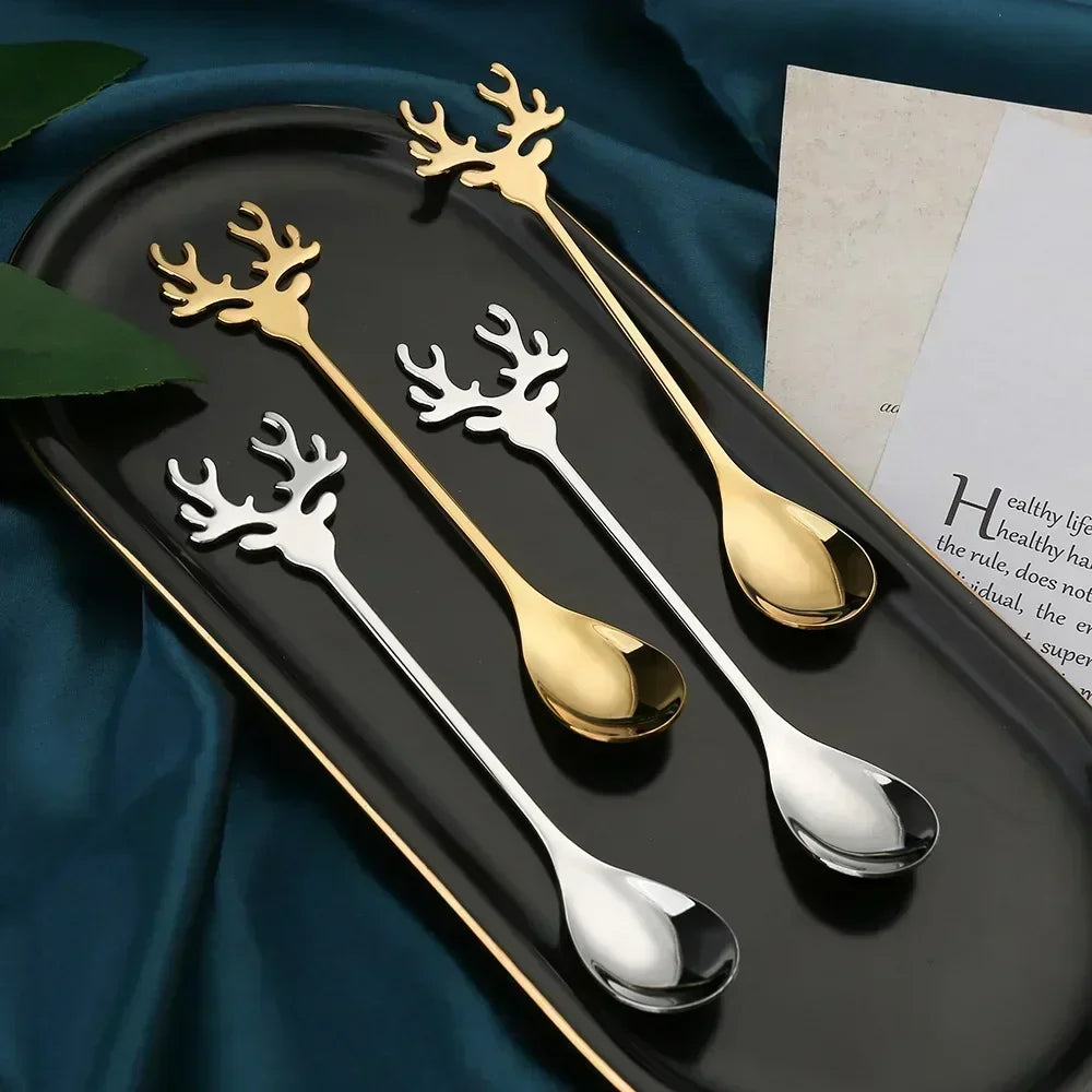 4pcs Christmas Elk Head Shape Stainless Steel Coffee Spoons