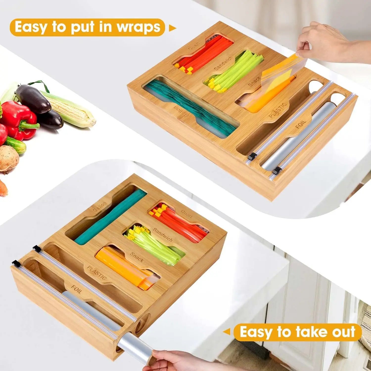 Plastic Wrap Dispenser with Cutter & Bamboo Ziplock Bag Organizer