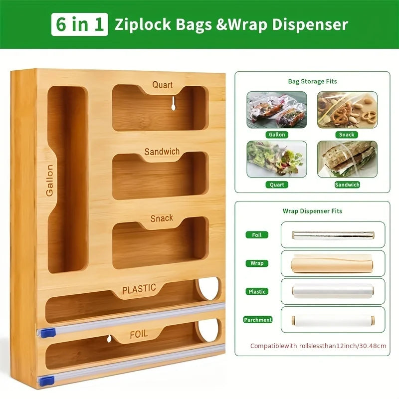Plastic Wrap Dispenser with Cutter & Bamboo Ziplock Bag Organizer