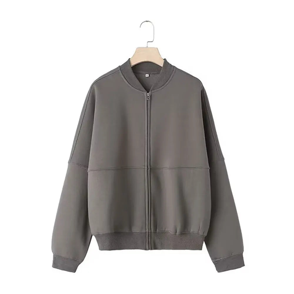 Women's 2-Piece Retro Solid Color Zipper Bomber Jacket