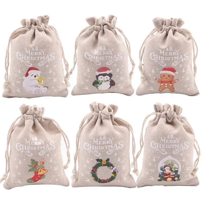 Christmas Linen Drawstring Bags