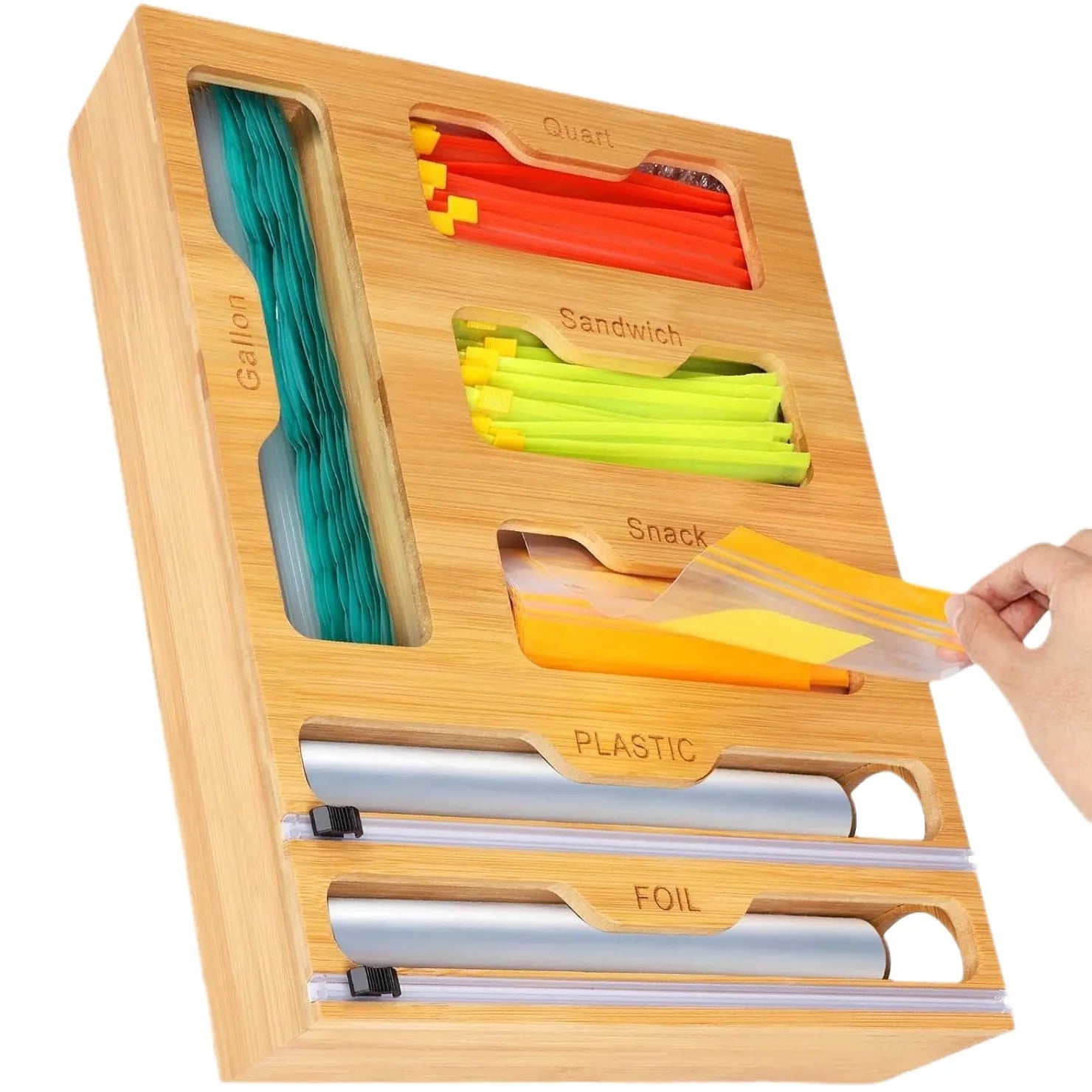Plastic Wrap Dispenser with Cutter & Bamboo Ziplock Bag Organizer