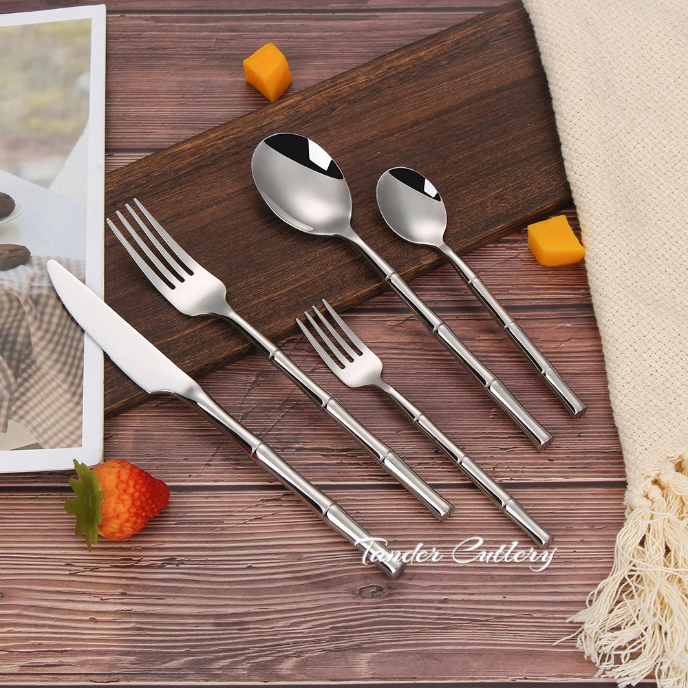 Stainless Steel Bamboo Style Cutlery Silver Dinner Set