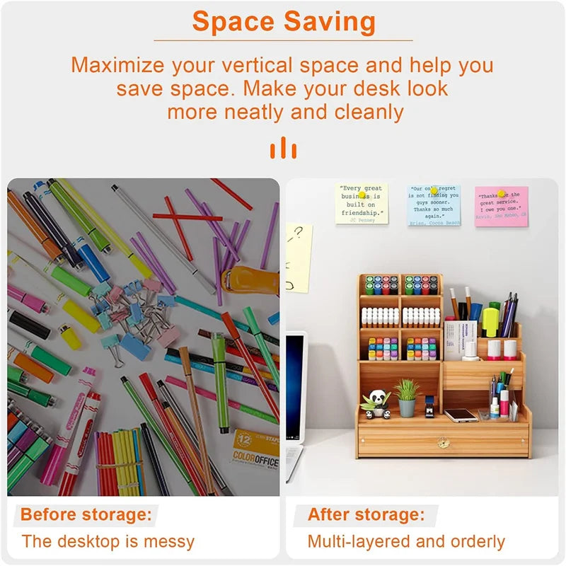 Wooden Desk Organizer Large Capacity Pen Holder and Stationery Storage Box