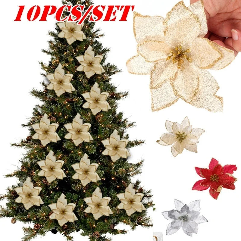 Christmas Tree Large Glitter Poinsettia Flowers