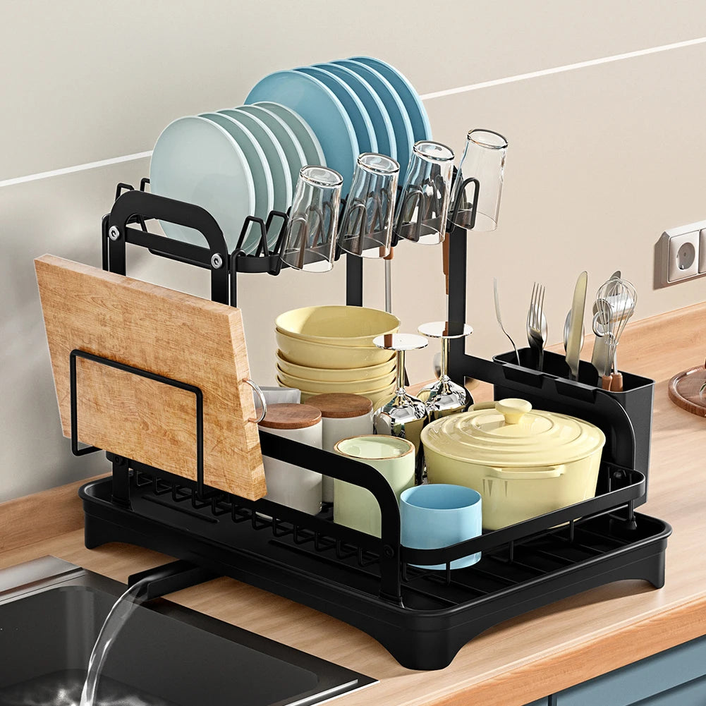 360° Rotating Storage Double-Layer Kitchen Drying Rack with Drain