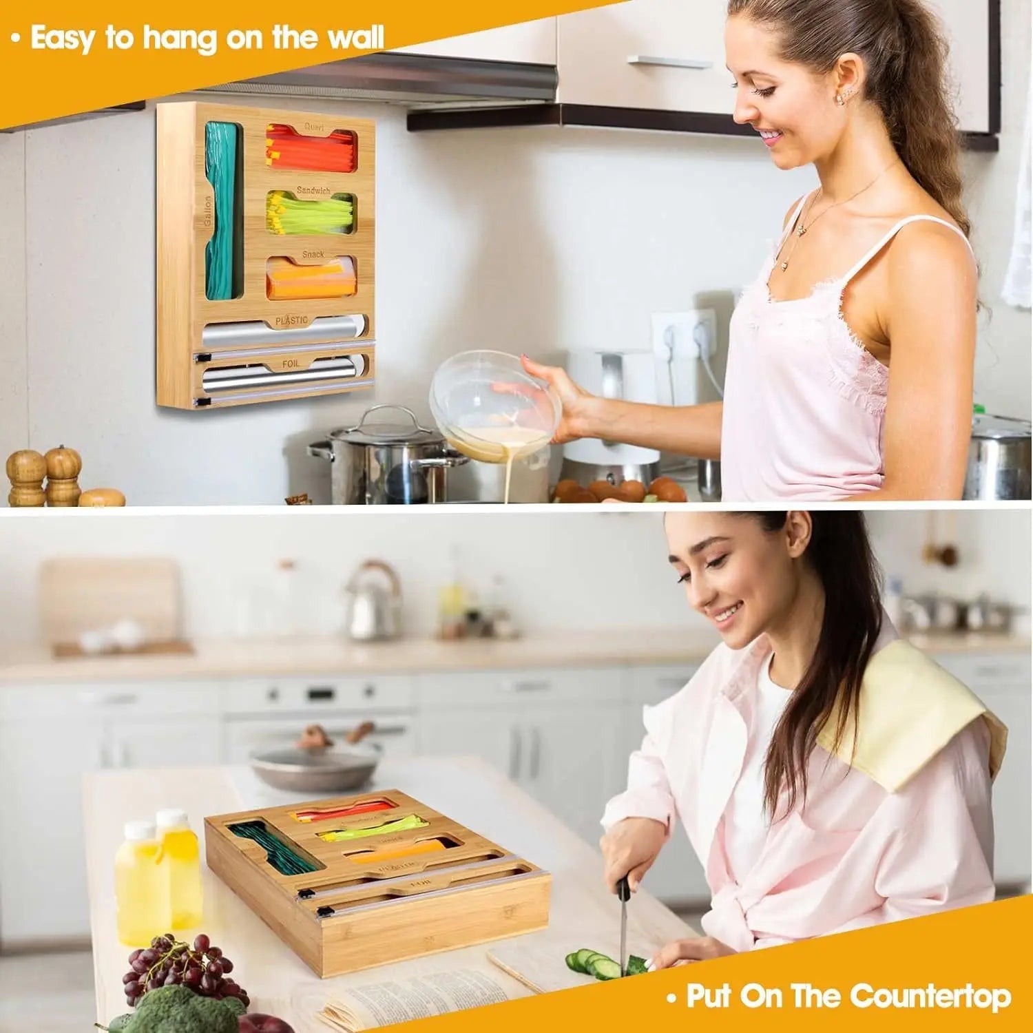 Plastic Wrap Dispenser with Cutter & Bamboo Ziplock Bag Organizer