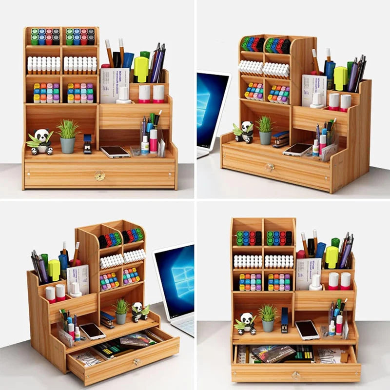 Wooden Desk Organizer Large Capacity Pen Holder and Stationery Storage Box