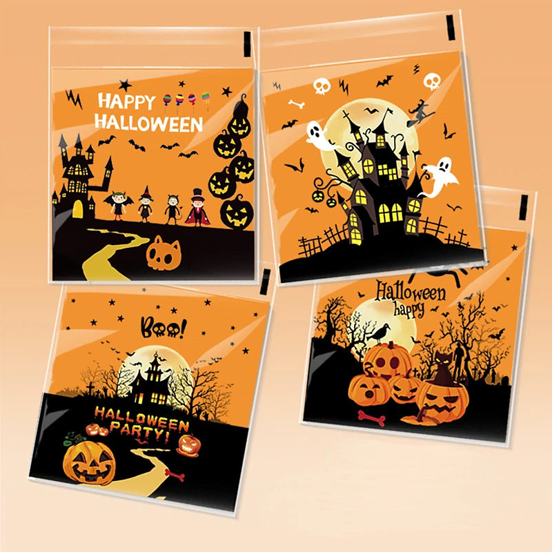 50/100 Pcs 10x10cm Halloween Plastic Candy Cookies Gift Bag Self Adhesive Snack Wrap Bag Halloween Party Decorations Kids Gifts