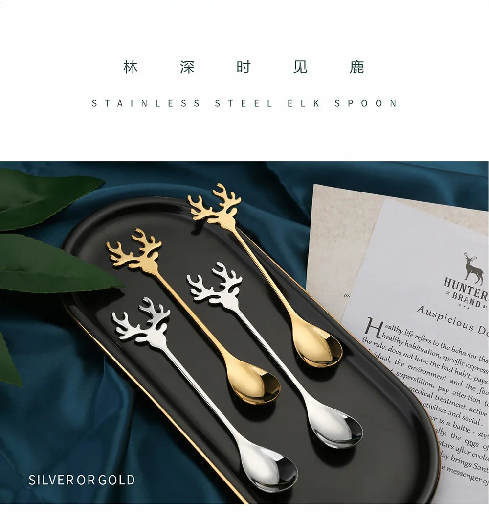 4pcs Christmas Elk Head Shape Stainless Steel Coffee Spoons