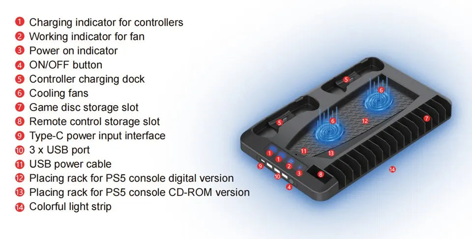 P58 RGB Cooling Stand Slim Console & Gamepad Charging Dock