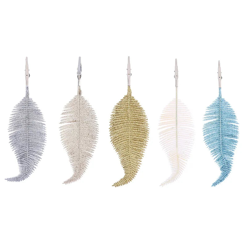 5pcs Glitter Feather Artificial Leaves Clip Xmas Tree Ornament Christmas Party Home Decoration Navidad New Year Wedding Flowers