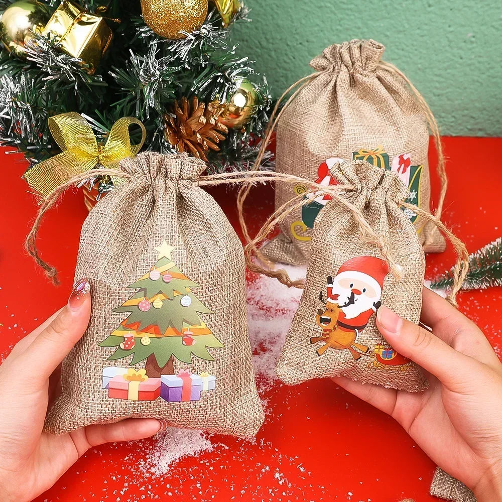 Christmas Linen Drawstring Bags