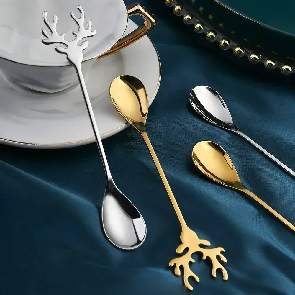 4pcs Christmas Elk Head Shape Stainless Steel Coffee Spoons