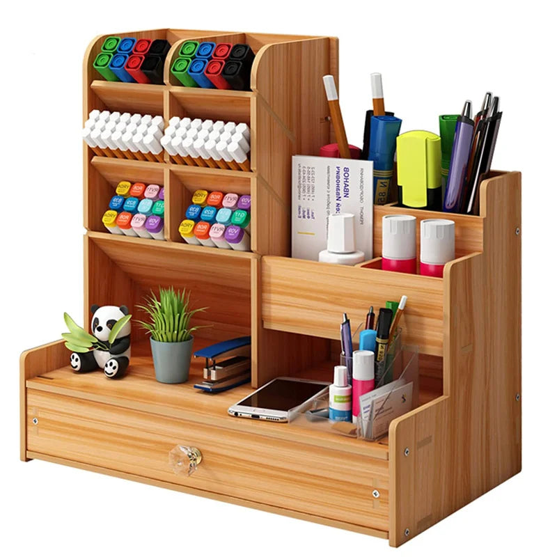 Wooden Desk Organizer Large Capacity Pen Holder and Stationery Storage Box