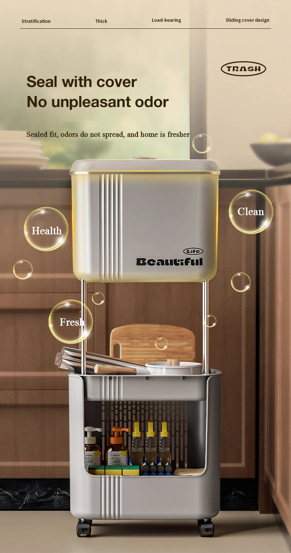 Movable Double-Layer Kitchen Trash Can with Lid