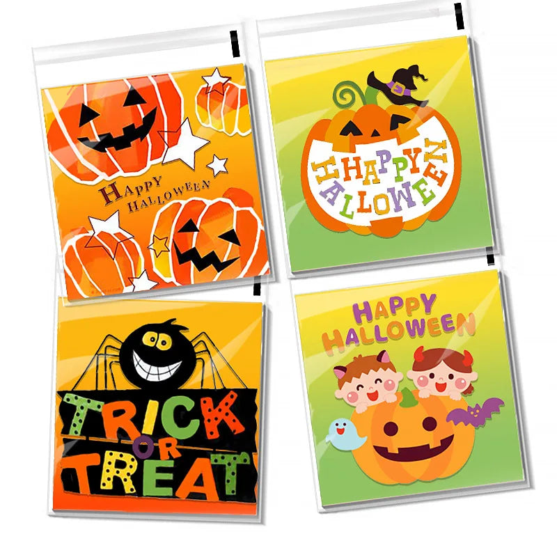 50/100 Pcs 10x10cm Halloween Plastic Candy Cookies Gift Bag Self Adhesive Snack Wrap Bag Halloween Party Decorations Kids Gifts