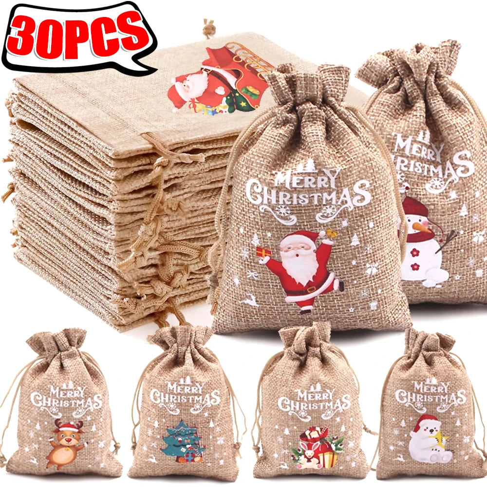 Christmas Linen Drawstring Bags