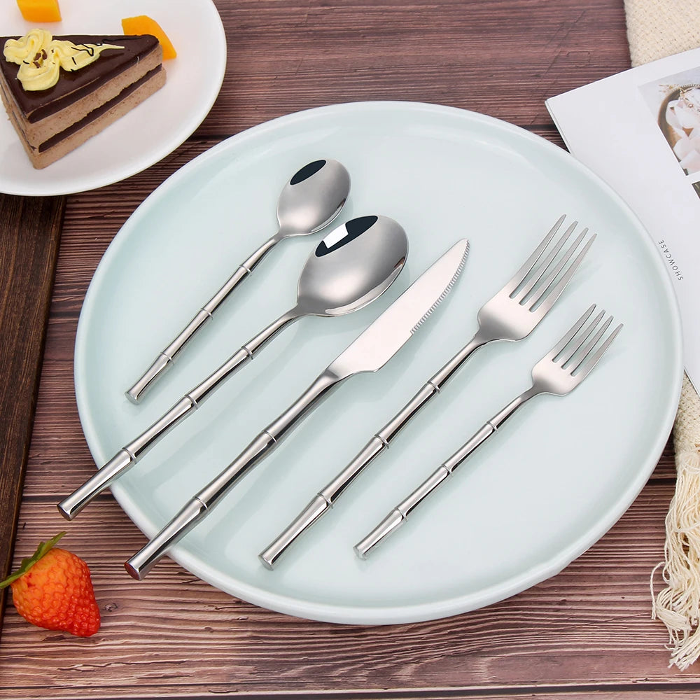 Stainless Steel Bamboo Style Cutlery Silver Dinner Set