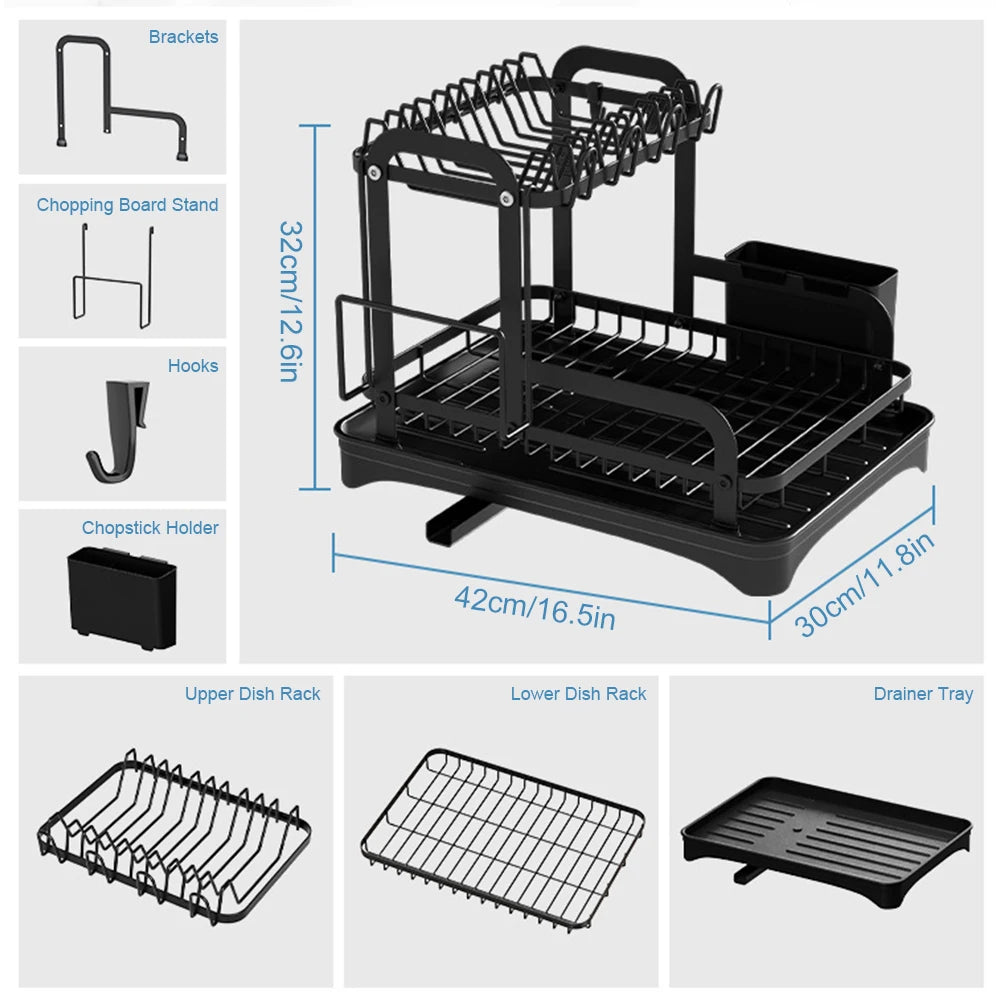 360° Rotating Storage Double-Layer Kitchen Drying Rack with Drain